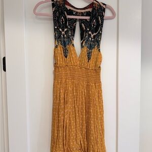 Free People Mustard Yellow Midi Dress with Patterned Navy Bodice